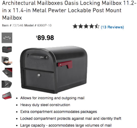 Oasis Locking Mailbox model featured on Amazon